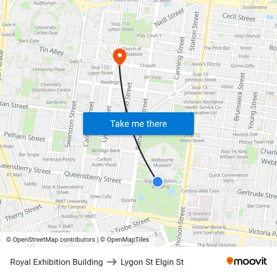 Royal Exhibition Building to Lygon St Elgin St map