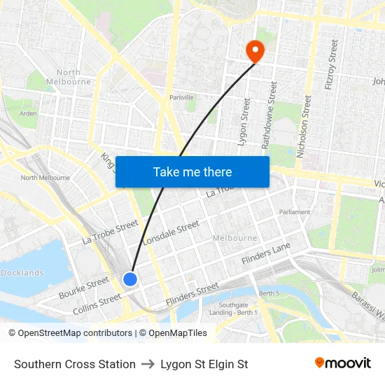 Southern Cross Station to Lygon St Elgin St map