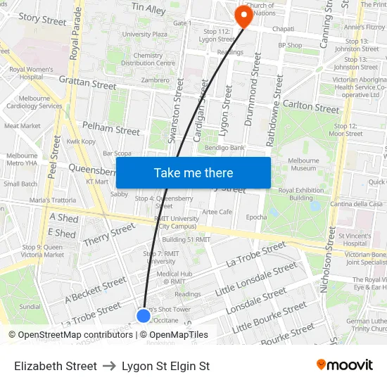 Elizabeth Street to Lygon St Elgin St map