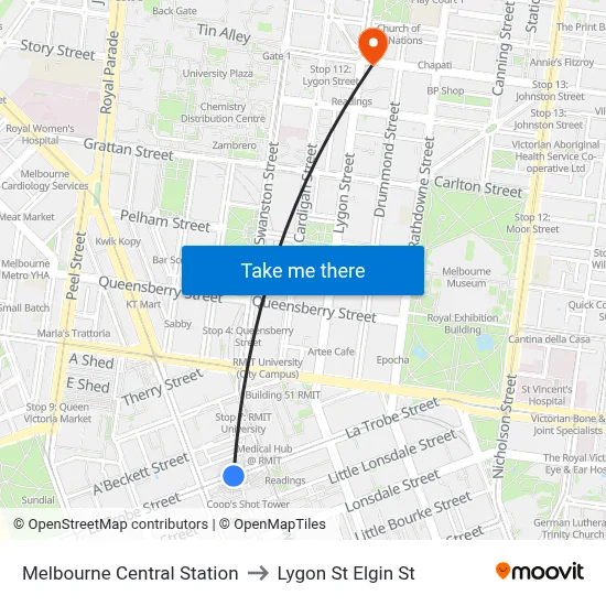 Melbourne Central Station to Lygon St Elgin St map