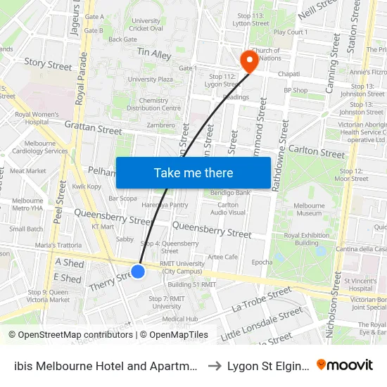 ibis Melbourne Hotel and Apartments to Lygon St Elgin St map