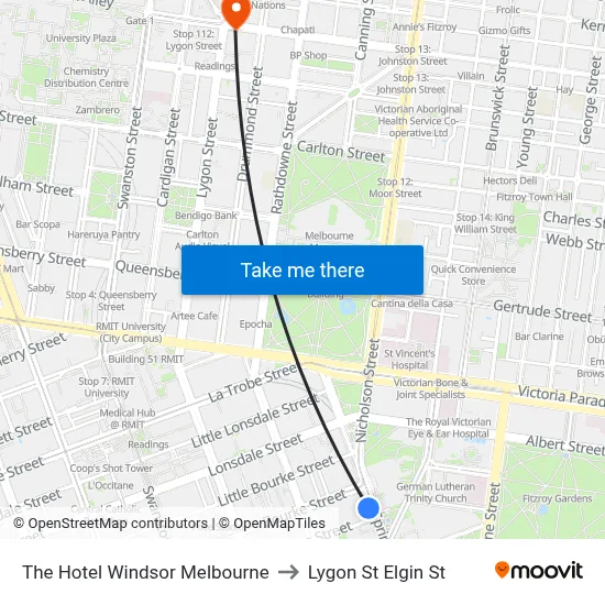 The Hotel Windsor Melbourne to Lygon St Elgin St map