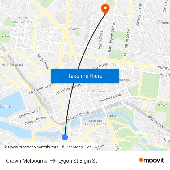 Crown Melbourne to Lygon St Elgin St map