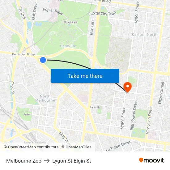 Melbourne Zoo to Lygon St Elgin St map