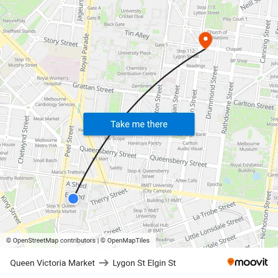 Queen Victoria Market to Lygon St Elgin St map