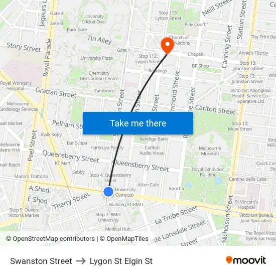 Swanston Street to Lygon St Elgin St map