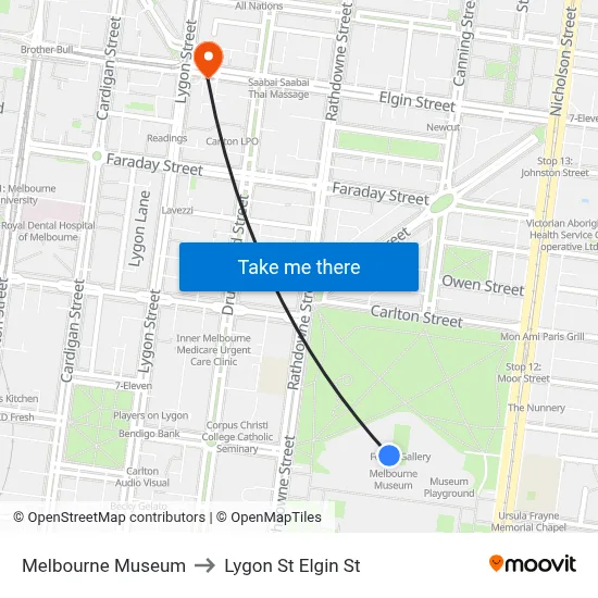 Melbourne Museum to Lygon St Elgin St map