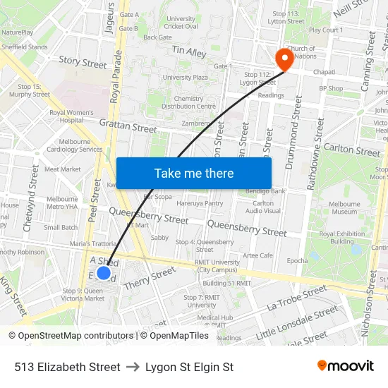 513 Elizabeth Street to Lygon St Elgin St map