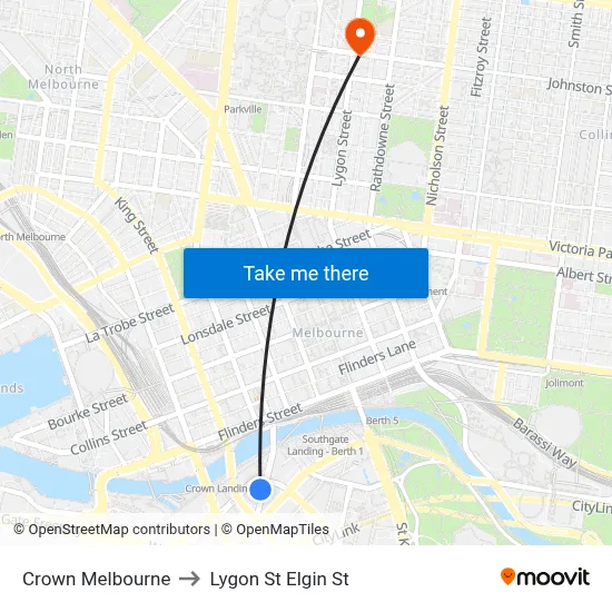 Crown Melbourne to Lygon St Elgin St map