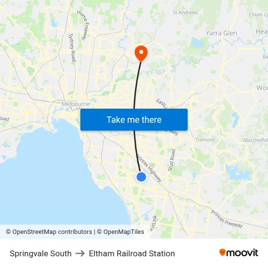 Springvale South to Eltham Railroad Station map