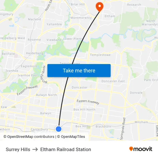 Surrey Hills to Eltham Railroad Station map