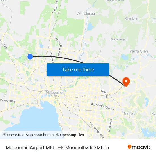 Melbourne Airport MEL to Mooroolbark Station map