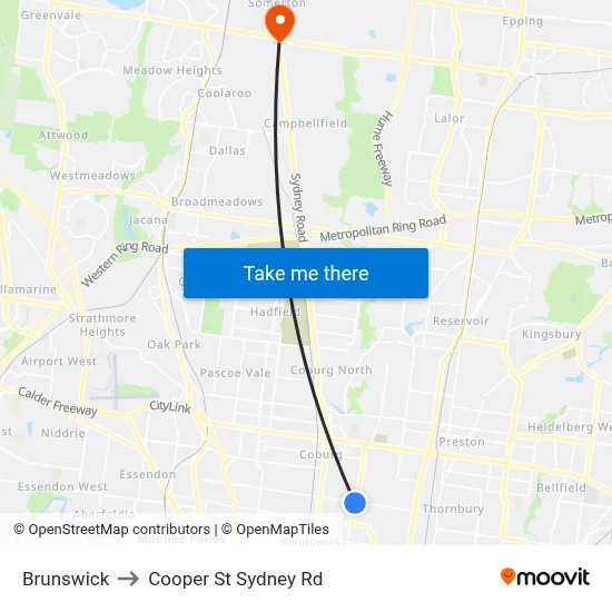 Brunswick to Cooper St Sydney Rd map