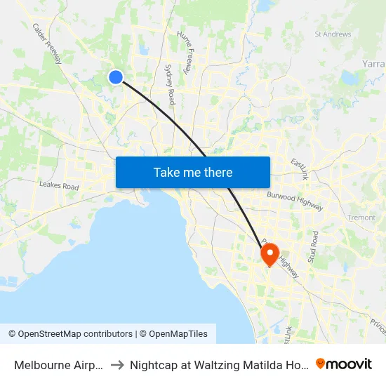 Melbourne Airport MEL to Nightcap at Waltzing Matilda Hotel Springvale map
