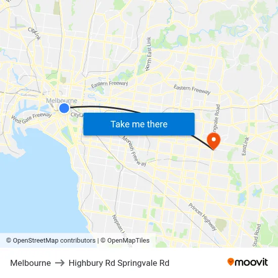 Melbourne to Highbury Rd Springvale Rd map