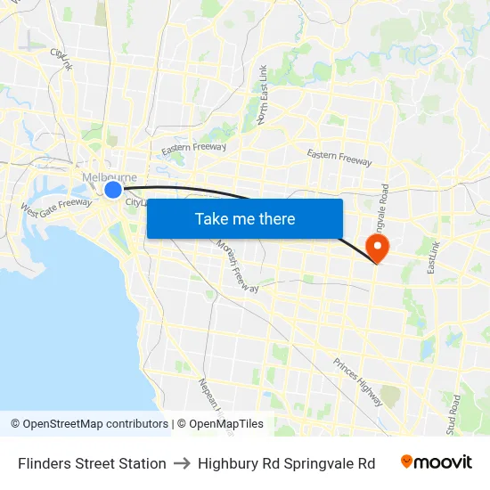 Flinders Street Station to Highbury Rd Springvale Rd map