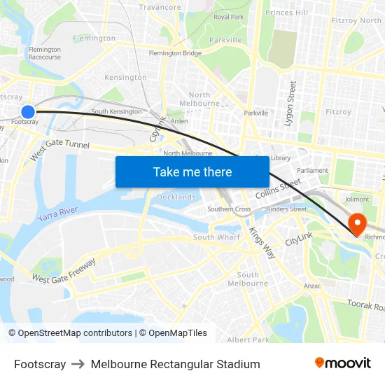 Footscray to Melbourne Rectangular Stadium map