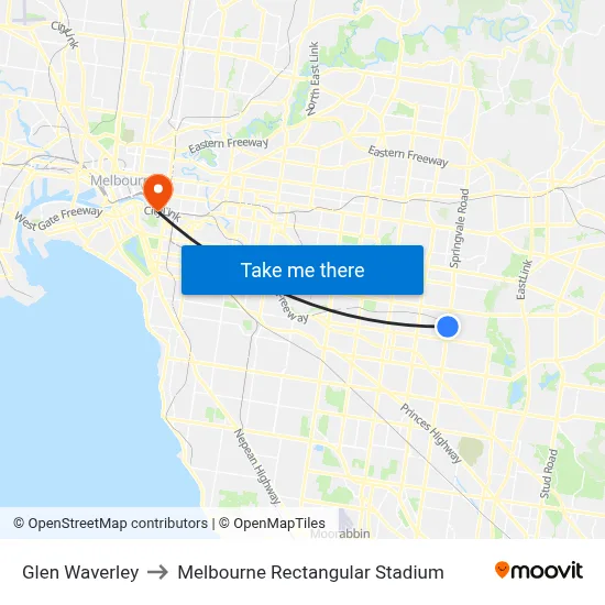 Glen Waverley to Melbourne Rectangular Stadium map