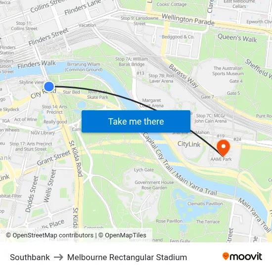 Southbank to Melbourne Rectangular Stadium map