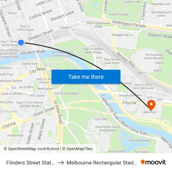 Flinders Street Station to Melbourne Rectangular Stadium map