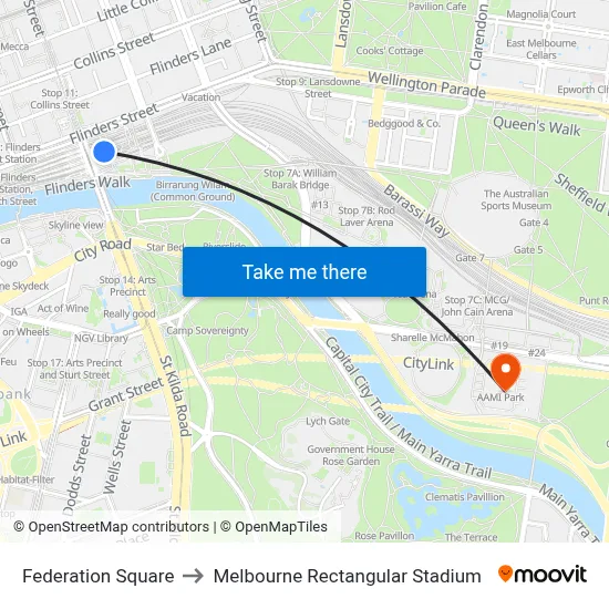 Federation Square to Melbourne Rectangular Stadium map