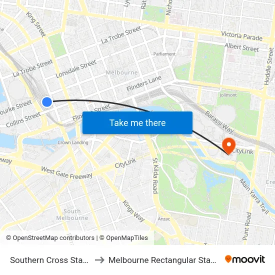 Southern Cross Station to Melbourne Rectangular Stadium map
