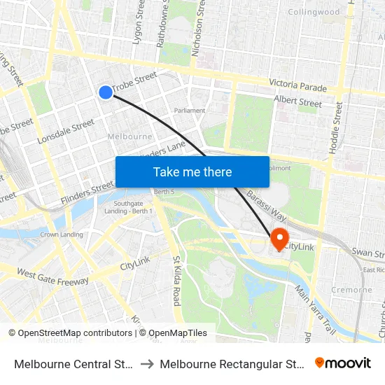 Melbourne Central Station to Melbourne Rectangular Stadium map