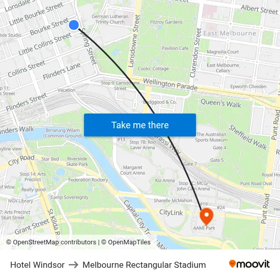 Hotel Windsor to Melbourne Rectangular Stadium map