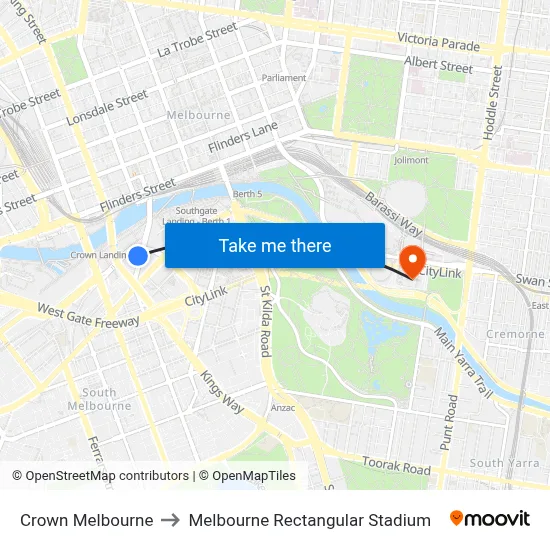 Crown Melbourne to Melbourne Rectangular Stadium map