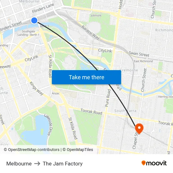 Melbourne to The Jam Factory map