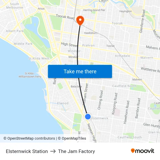 Elsternwick Station to The Jam Factory map
