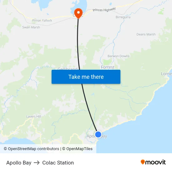 Apollo Bay to Colac Station map