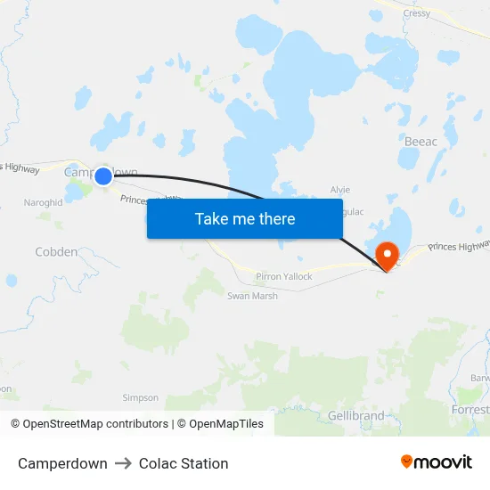Camperdown to Colac Station map