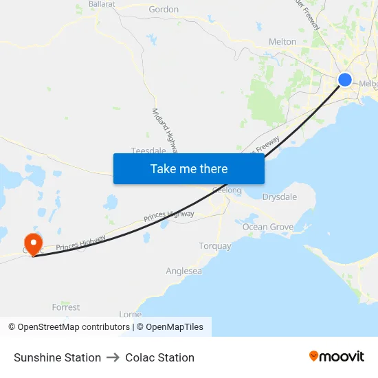 Sunshine Station to Colac Station map