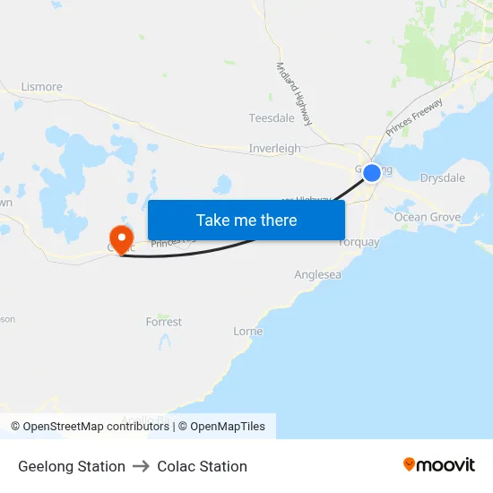 Geelong Station to Colac Station map