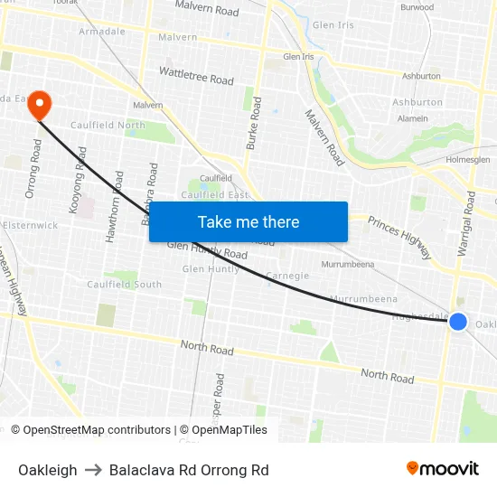 Oakleigh to Balaclava Rd Orrong Rd map