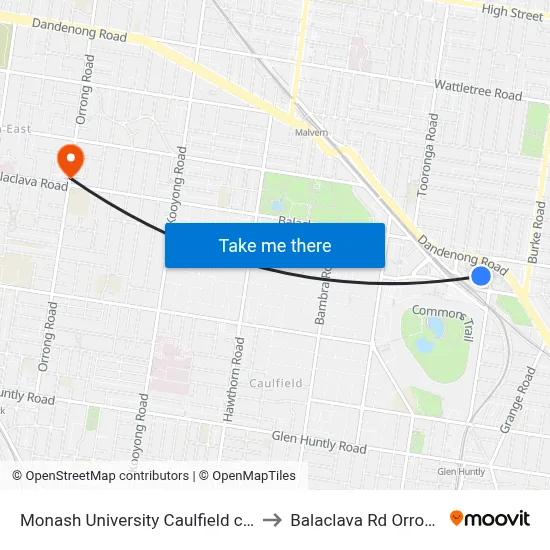 Monash University Caulfield campus to Balaclava Rd Orrong Rd map