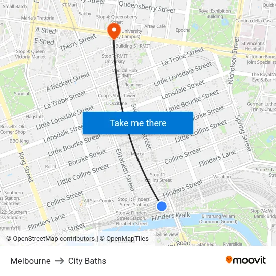 Melbourne to City Baths map