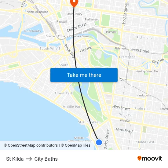St Kilda to City Baths map