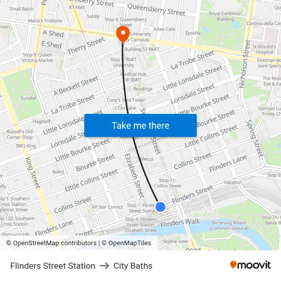 Flinders Street Station to City Baths map