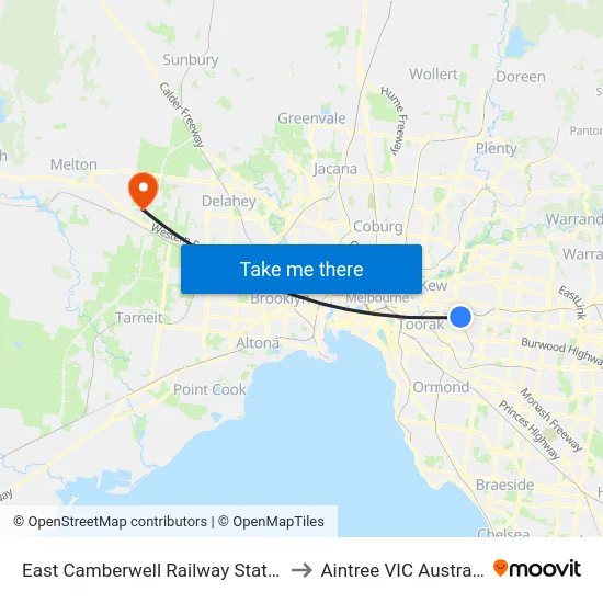 East Camberwell Railway Station to Aintree VIC Australia map
