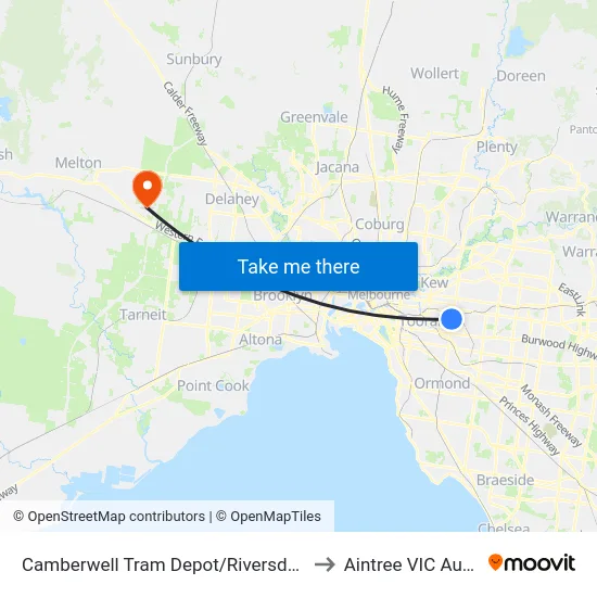Camberwell Tram Depot/Riversdale Rd #39 to Aintree VIC Australia map