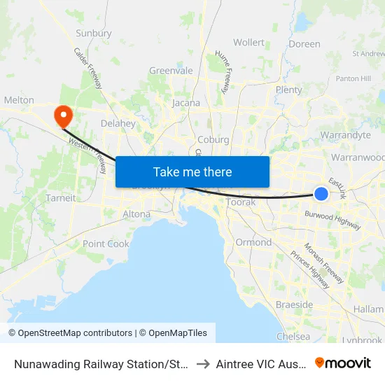 Nunawading Railway Station/Station St to Aintree VIC Australia map