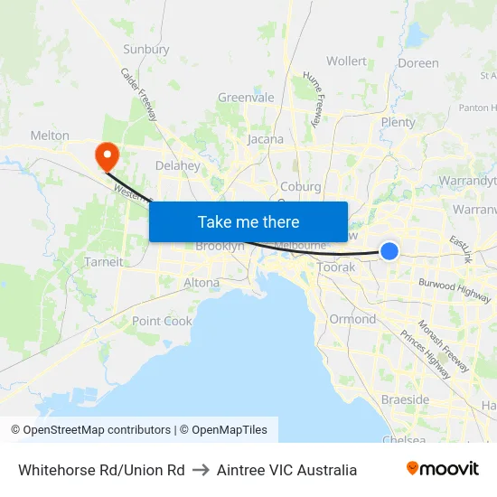 Whitehorse Rd/Union Rd to Aintree VIC Australia map