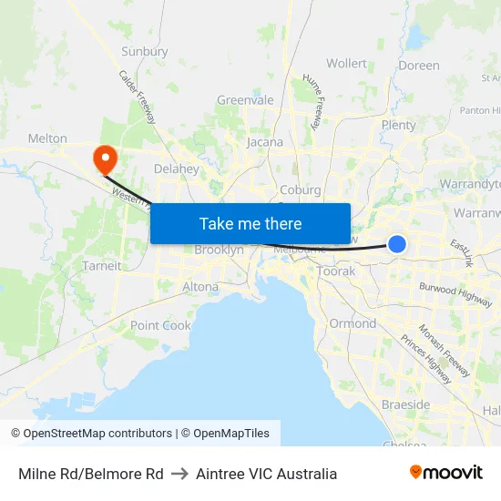 Milne Rd/Belmore Rd to Aintree VIC Australia map