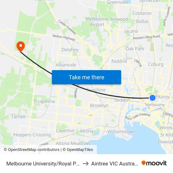 Melbourne University/Royal Pde to Aintree VIC Australia map