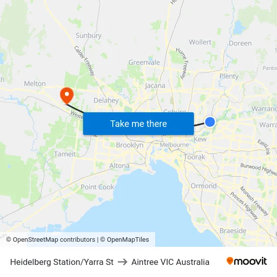 Heidelberg Station/Yarra St to Aintree VIC Australia map