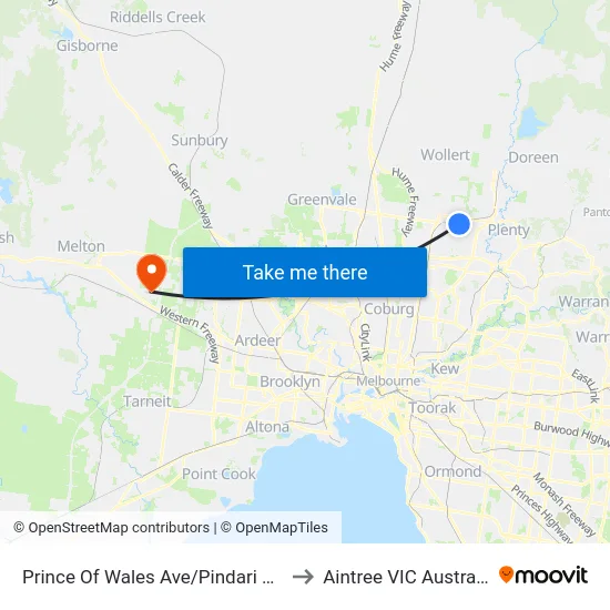 Prince Of Wales Ave/Pindari Ave to Aintree VIC Australia map