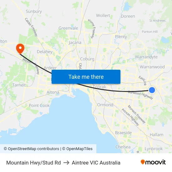 Mountain Hwy/Stud Rd to Aintree VIC Australia map