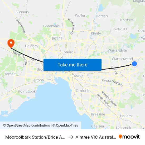 Mooroolbark Station/Brice Ave to Aintree VIC Australia map
